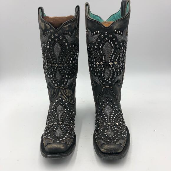 Corral Womens Inlay & Embroidery & Studs Square Toe Black Size 7 M - Picture 2 of 14